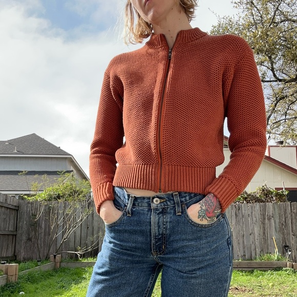 Cropped Rust Orange Knit Zip-Up Sweater - Picture 7 of 7